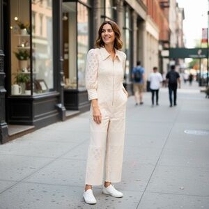 L’ATISTE Cream Eyelet Zip-Front Jumpsuit | Size M *Missing Belt*
